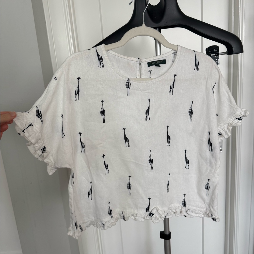For Cynthia petite White Giraffe Print Short Sleeve linen blouse